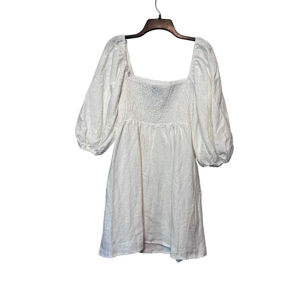 Tuckernuck Off White 100% Linen Smocked Puff Sleeve Mini Dress XL R20650T Womens - Picture 3 of 6